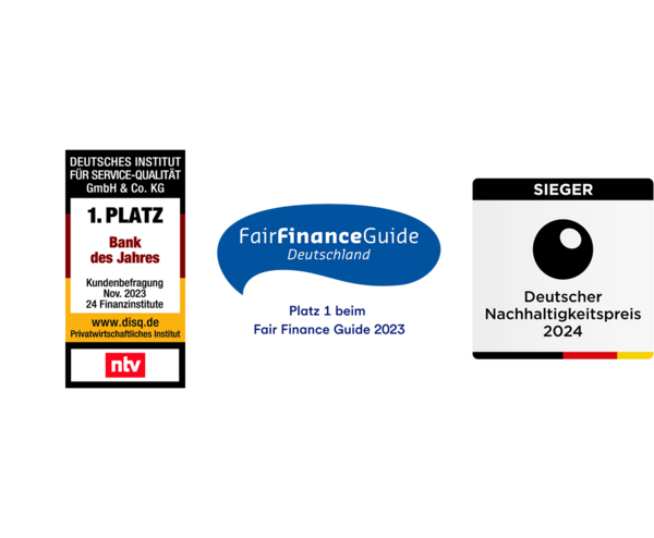 Auszeichnungen und Siegel Bank des Jahres, Fair Finance Guide und Deutscher Nachhaltigkeitspreis